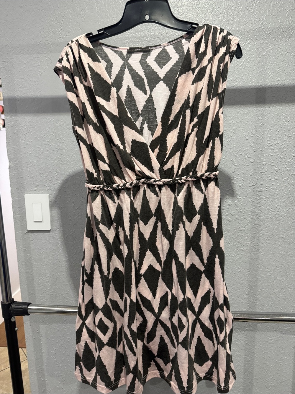 Soprano Pink and Black Geometric Midi Dress with Braided Waist